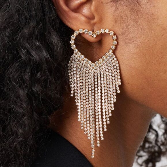 NWT Gold Tone diamond Statement heart tassel earrings Iong - Picture 1 of 6